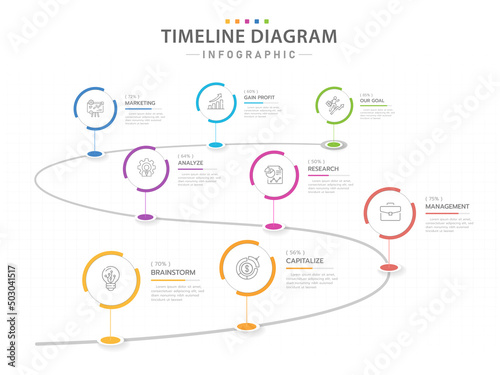 Infographic template for business. 8 Steps Modern Timeline diagram with circles, presentation vector infographic.