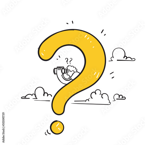 hand drawn doodle holding binocular with question mark symbol for search new business idea illustration