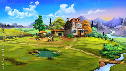 Canvas Print Country house with farm against the mountains 01
