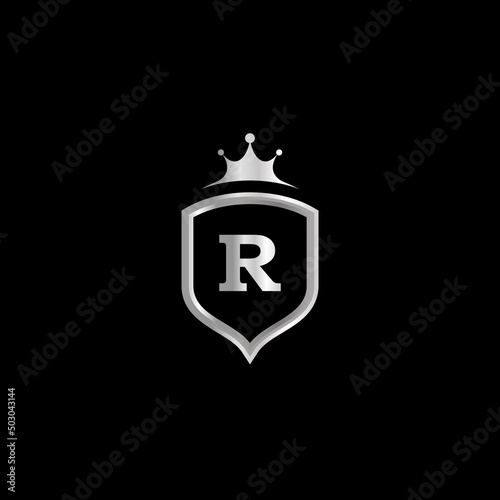 Simple Letter R Logo Design with Silver Gradient, Modern R Symbol Inspiration with Shield and Crown Vector photo