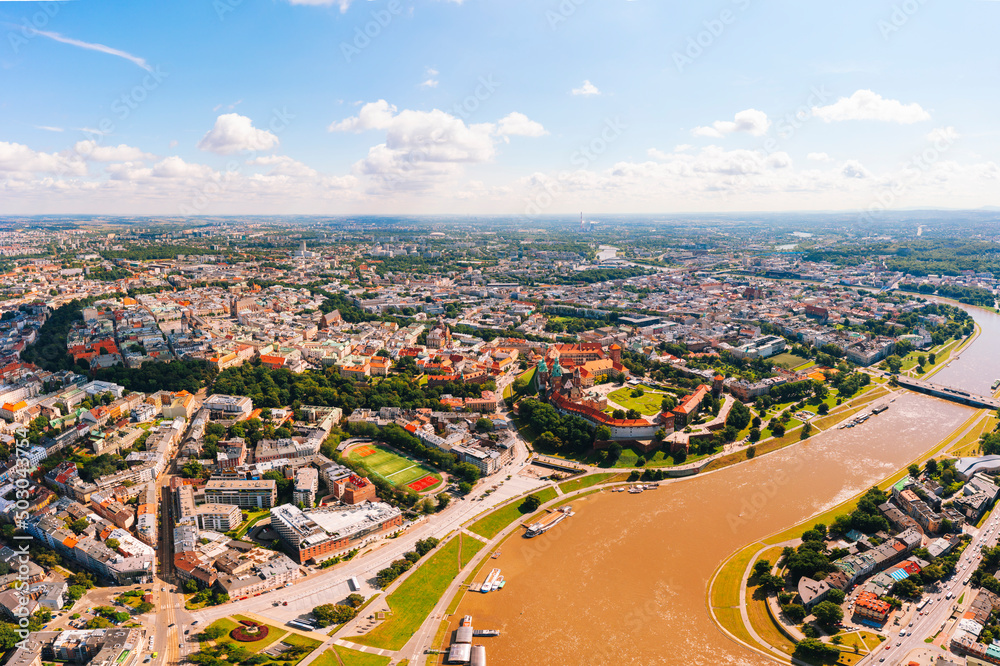 Aerial view of Cracow city with Vistula river 