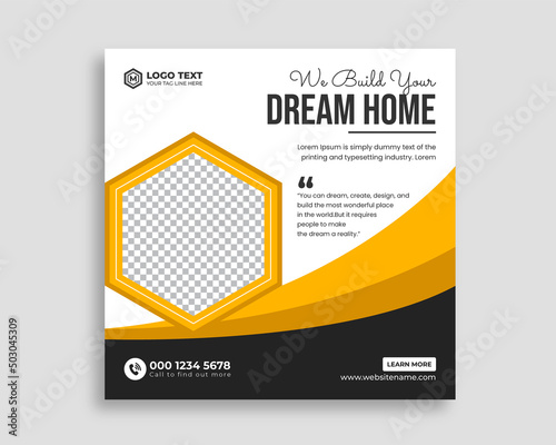 Construction renovation handyman home repair flyer and dream home social media post banner template or Square real estate flyer,