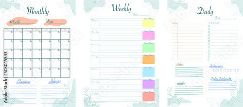 Planner set with minimal green background, monthly p, weekly, daily, calendar, planning, schedule and to do list that can help you manage your life 
