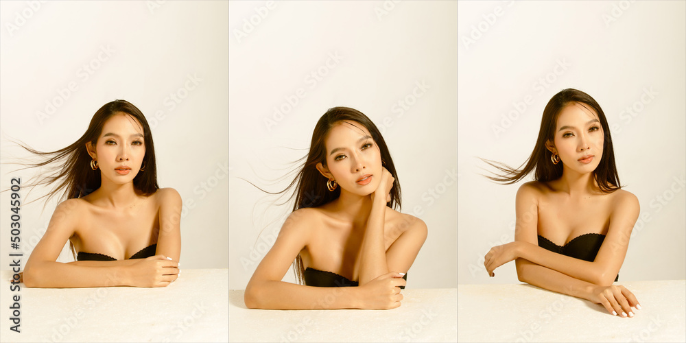 Obraz premium Collage Half Body Portrait of 20s Asian Woman black long straight hair with wind blow hair