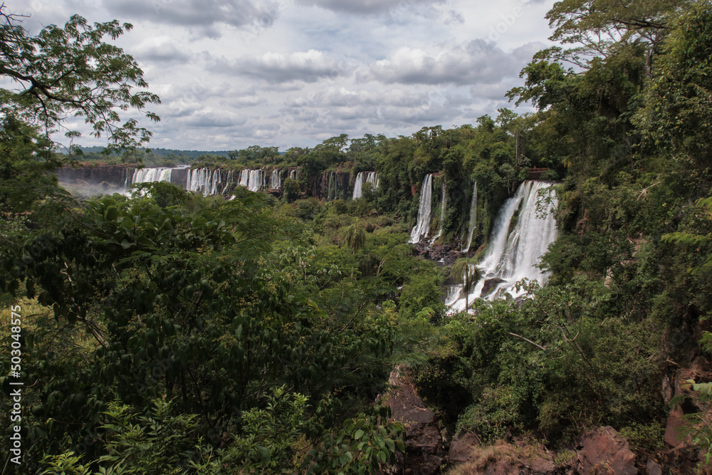 a view of the the many cascading waterfalls in Iguazu Falls, Brazil