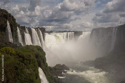 a wide angle view of the waterfalls of Iguazu Falls in Brazil