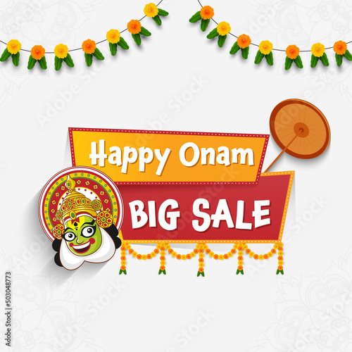 Onam Big Sale Poster Design With Kathakali Dancer Face, Olakkuda (Umbrella) And Floral Garland (Toran) On White Mandala Corner Background. photo