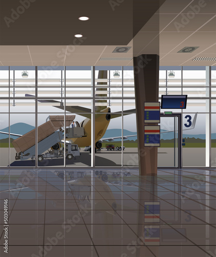 The waiting room in the airport terminal, outside the window is a plane with a ladder. Vector.