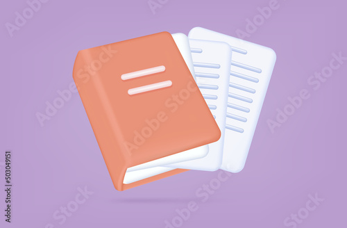 3d red copybook or documents folder. Pages with information in a closed journal. Workbook with paper sheets. Education or learning concept, knowledge library, school catalog. Vector illustration.