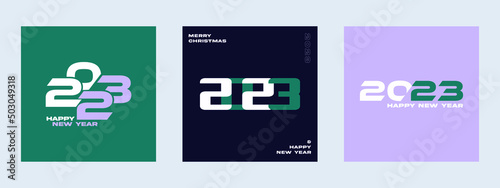 2023 creative concept Set of Happy New Year posters. Design templates for celebration and season decoration using the typographic logo 2023. Trendy minimal backgrounds for branding, banners, covers