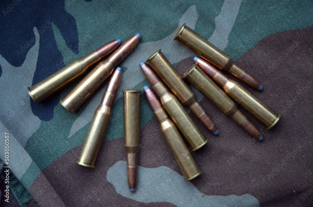 Ammunition 7,62x54 with camo background Ammunition 7,62x54 with camo background