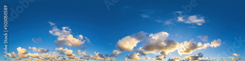 Dark blue sunset sky panorama with Cumulus clouds. Seamless hdr pano in spherical equirectangular format. Complete zenith for 3D visualization, game and sky replacement for aerial drone 360 panoramas. © panophotograph