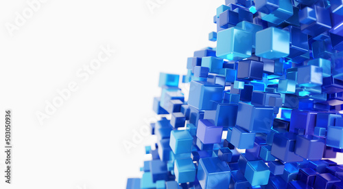 Rising momentum of data intelligence. Big data and Ai core data concept image. Dark and light metallic blue block stacked and rising, on white background. Shallow depth of field. 3D rendering. photo