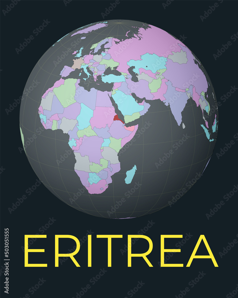 World map centered to Eritrea. Red country highlighted. Satellite world view centered to country with name. Vector Illustration.