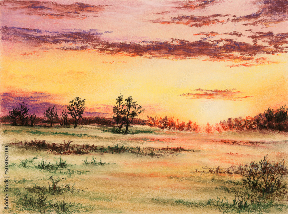 Sunset over meadows. Soft pastel on cardboard.