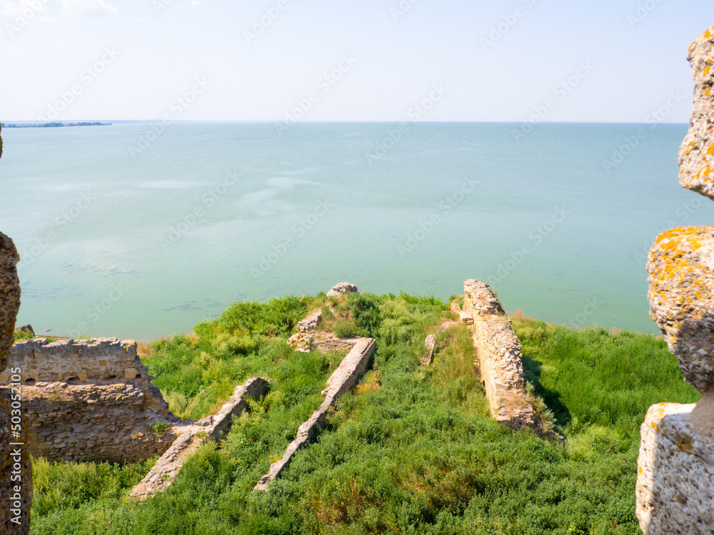 Akkerman fortress. Medieval castle near the sea. Stronghold in Ukraine. Ruins of the citadel of the Bilhorod-Dnistrovskyi fortress, Ukraine. View on the estuary from defensive wall.