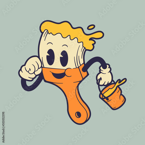 Vector illustration running paint brush mascot. Retro vintage mascot illustration.