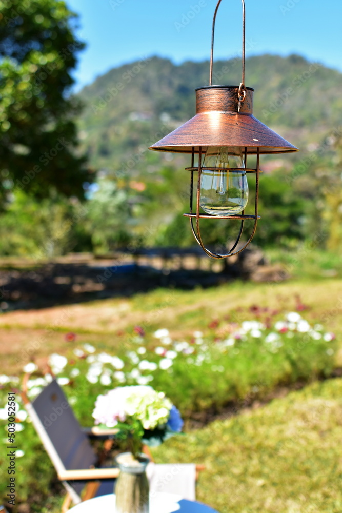 Outdoor lamp, Vintage lamp background, Modern pendant lamp with vintage bulbs.