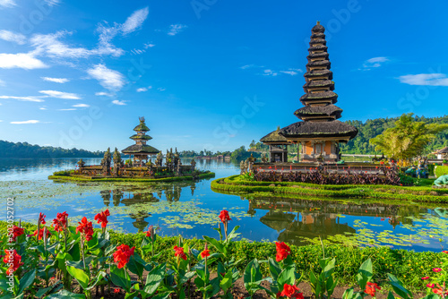Pura Ulun Danu, Hindu temple surrounded by flowers on Bratan lake, Bali.