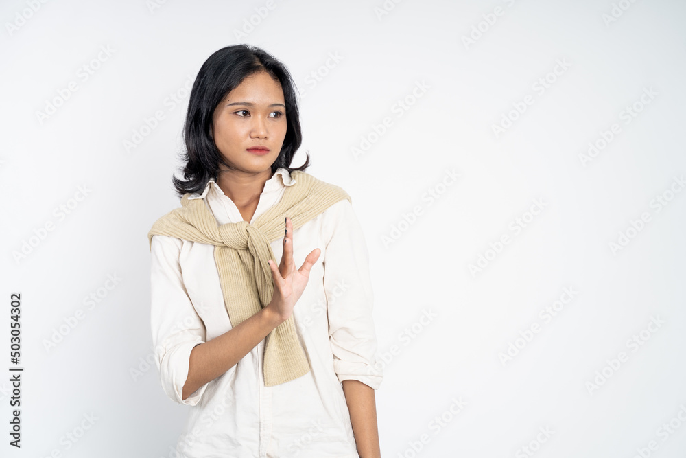 beautiful Young woman refusing with both palms gesture over isolated background beautiful Young woman refusing with both palms gesture over isolated background