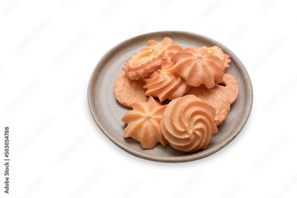 Plate with Danish butter cookies isolated on white background. Top view. Plate with Danish butter cookies isolated on white background. Top view.