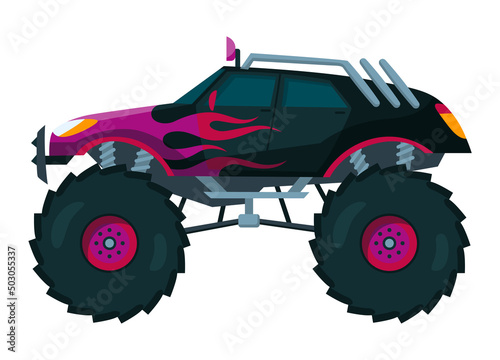 Monster truck. Bright colorful cartoon auto with big wheels. Heavy car with large tires and black tinted windows. Isolated rally 4x4 computer or mobile game