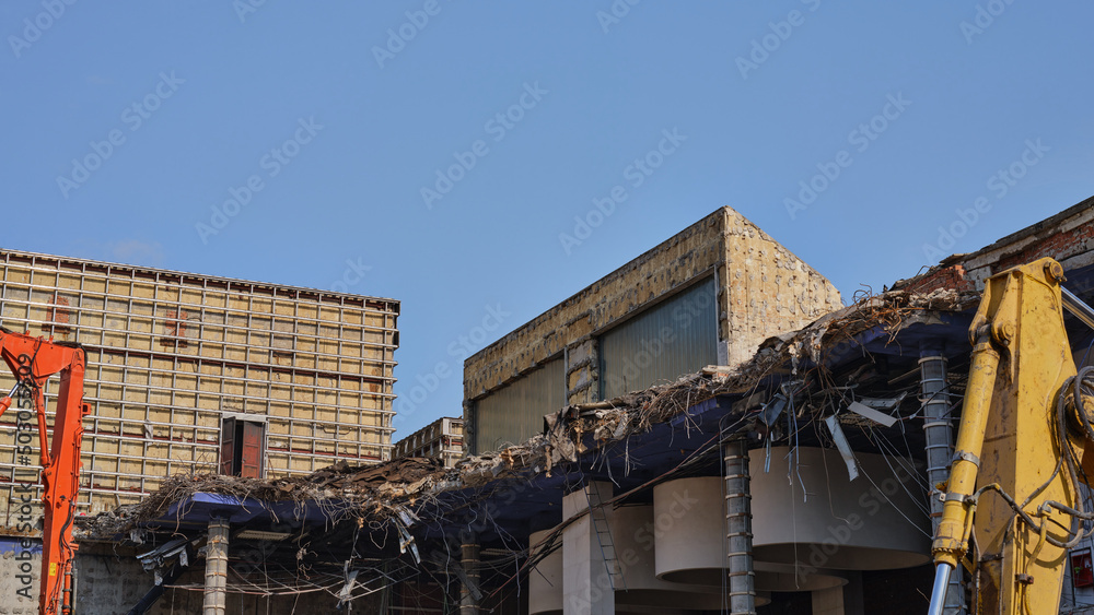Demolition of the Istropolis House of Culture, with marble tiles donated by Fidel Castro during communist Czechoslovakia, Bratislava, Slovakia Demolition of the Istropolis House of Culture, with marble tiles donated by Fidel Castro during communist Czechoslovakia, Bratislava, Slovakia