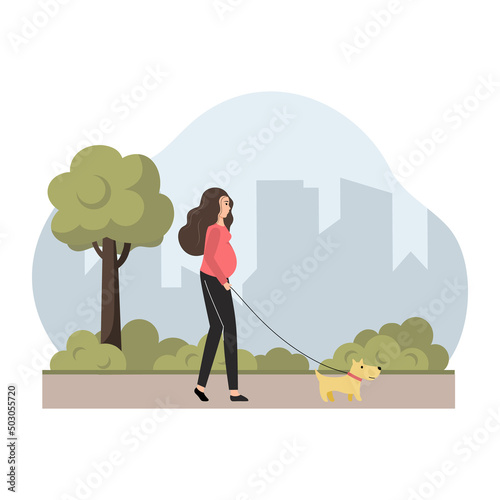 Pregnant woman walks with her dog in city park. Healthy habits and healthy lifestyle. Vector illustration in cartoon style.