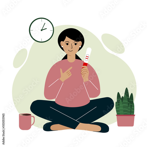 A woman smiles and looks at a positive pregnancy test result. Vector
