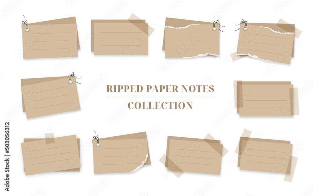 Brown retro vintage scrap note paper with transparent adhesive tape. Collection of old note paper memo.