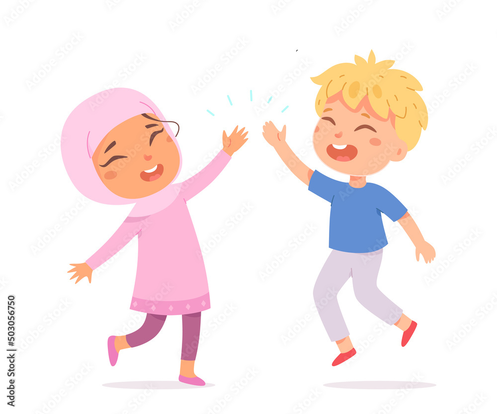 Caucasian boy and muslim girl giving high five to each other, happy kids meeting