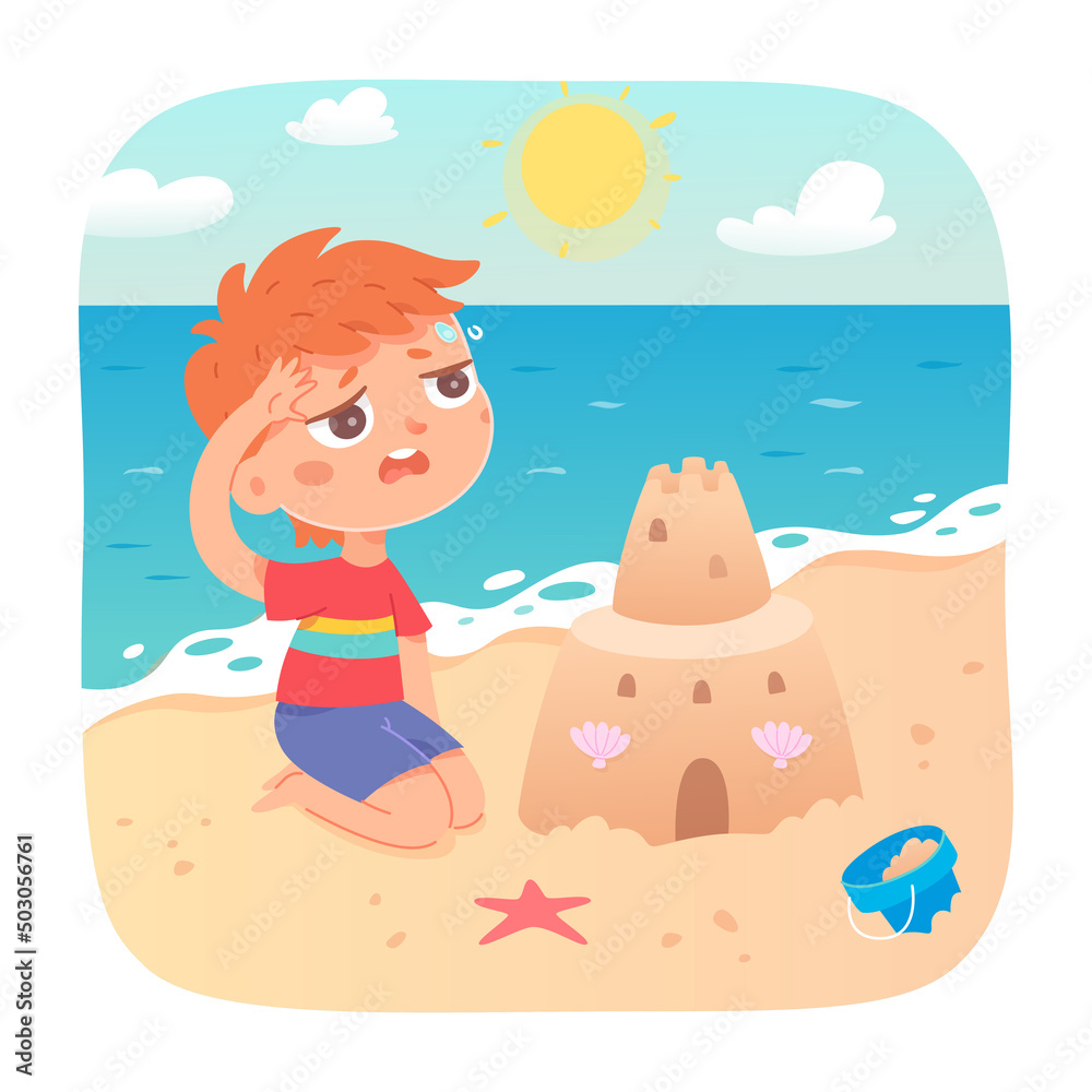 Cute boy suffering from heat on summer beach, child feeling tired in hot weather - obrazy, fototapety, plakaty 