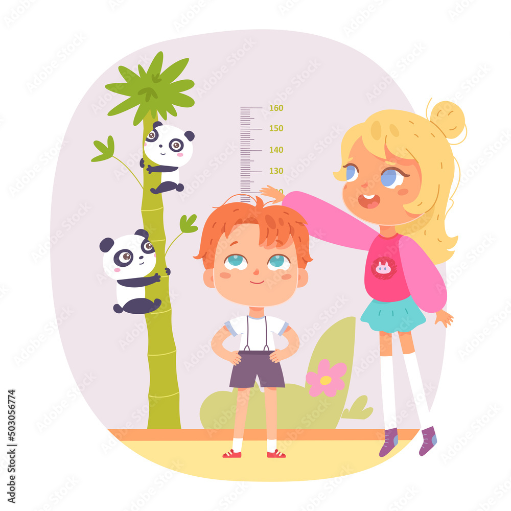 Kids friends measure height with ruler and cheerful pandas on bamboo vector illustration. Cartoon girl standing with baby boy, chart of progress growth with scale in centimeters and animals on white. Kids friends measure height with ruler and cheerful pandas on bamboo vector illustration. Cartoon girl standing with baby boy, chart of progress growth with scale in centimeters and animals on white.