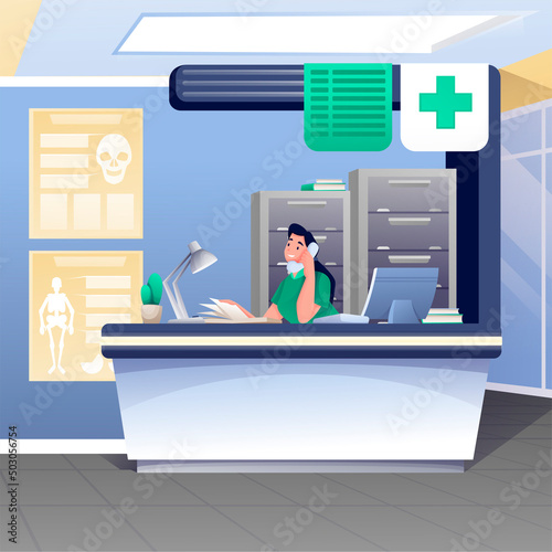 Woman working at receptionist desk in hospital. Medical professional help institution vector illustration. Health care scene, modern interior design. Nurse talking on phone