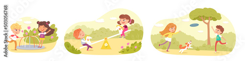 Children playing in park or playground set. Happy kids doing outdoor summer activities vector illustration. Boy and girl with dog, on swing and carousel