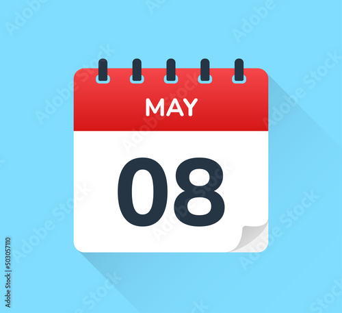 May 8 - Calendar Icon. Date and month symbol on calendar page vector.