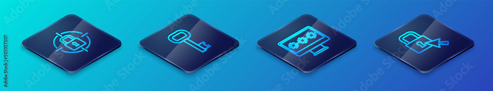 Set Isometric line Monitor with password, Lock, and Old key icon. Vector Set Isometric line Monitor with password, Lock, and Old key icon. Vector