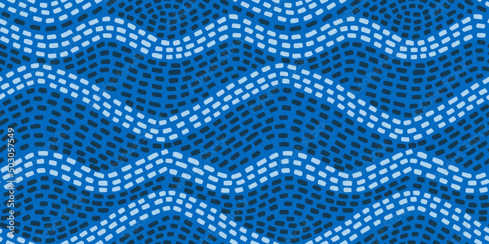 Blue mosaic seamless pattern with abstract wavy design. Vector background in Mediterranean style.
