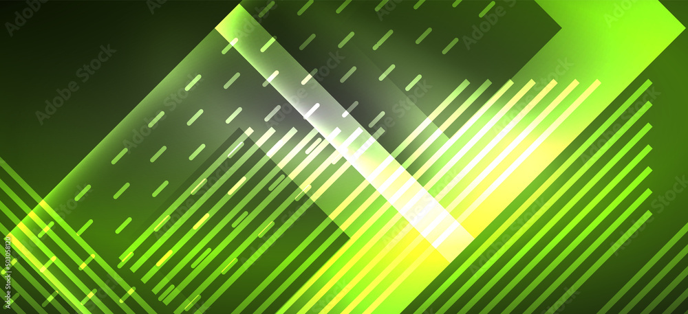 Background neon glowing lines and geometric shapes. Lights in the dark wallpaper for concept of AI technology, blockchain, digital, communication, 5G, science Background neon glowing lines and geometric shapes. Lights in the dark wallpaper for concept of AI technology, blockchain, digital, communication, 5G, science