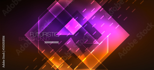 Background neon glowing lines and geometric shapes. Lights in the dark wallpaper for concept of AI technology, blockchain, digital, communication, 5G, science