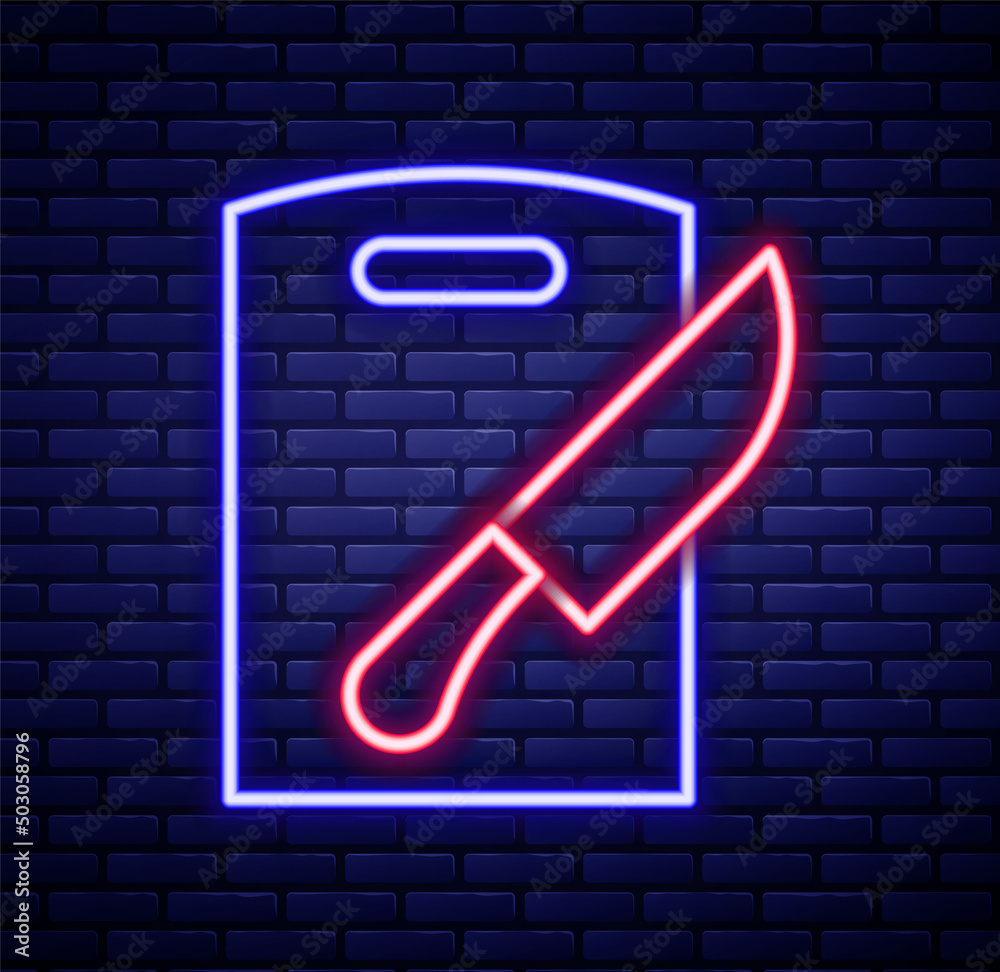 Glowing neon line Cutting board and knife icon isolated on brick wall background. Chopping Board symbol. Cutlery symbol. Colorful outline concept. Vector