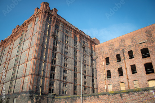 Low angle view of a Former dockland warehouse being redeveloped, Liverpool