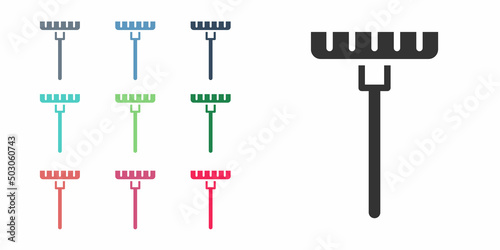 Black Garden rake icon isolated on white background. Tool for horticulture, agriculture, farming. Ground cultivator. Housekeeping equipment. Set icons colorful. Vector