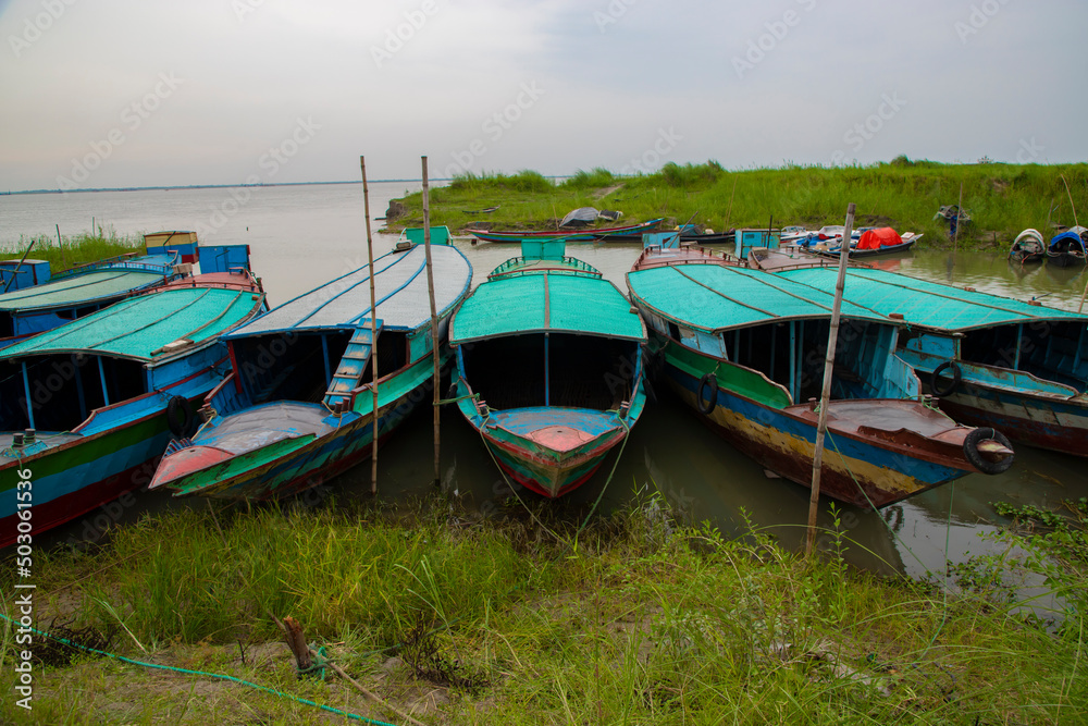 Beautiful Landscape View of Some Transportation  boats on the bank of the Padma river in Bangladesh