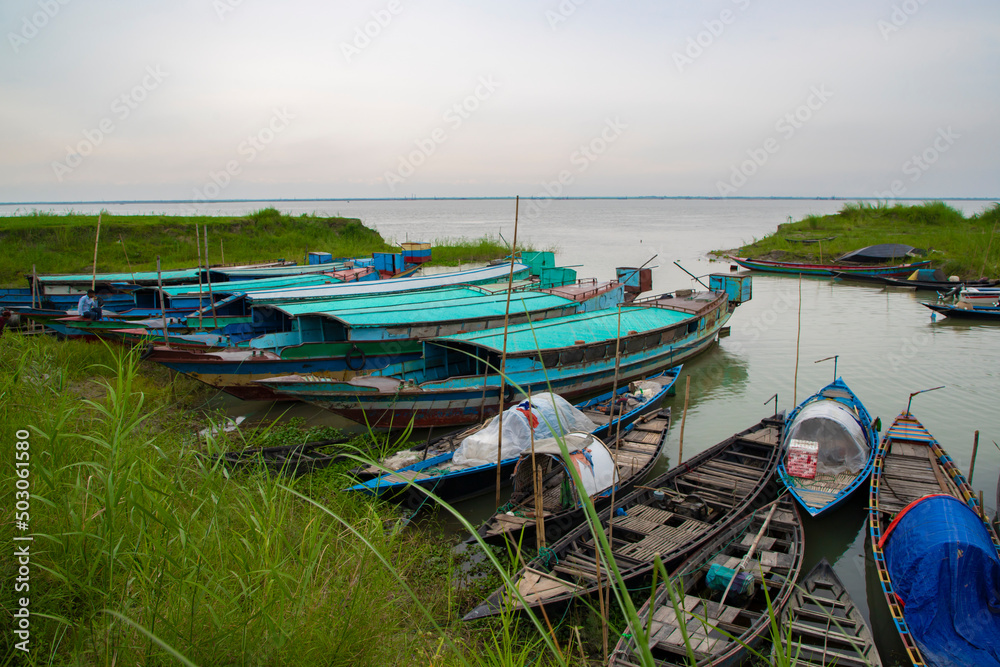 Beautiful Landscape View of Some wooden fishing boats on the green bank of the Padma river in Bangladesh