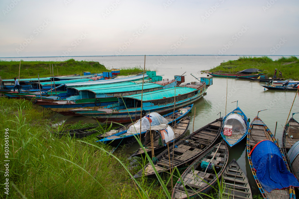 Beautiful Landscape View of Some wooden fishing boats on the green bank of the Padma river in Bangladesh