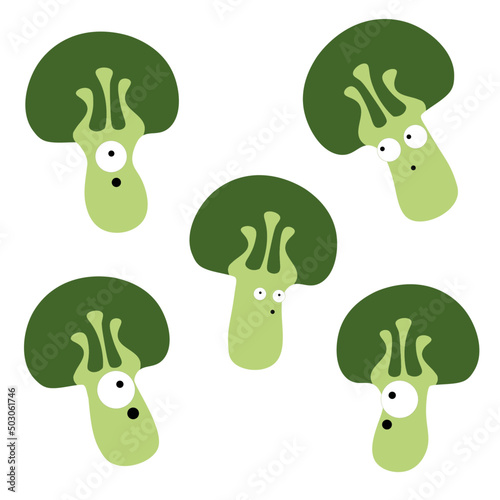 A pattern of broccoli vegetables with eyes on a white background. Vector illustration. 