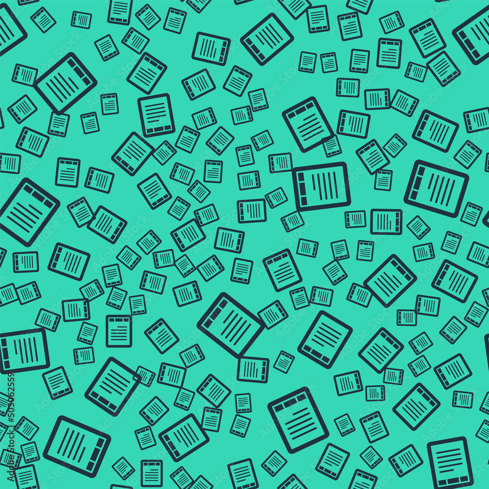 Black E-Book reader icon isolated seamless pattern on green background. Vector Black E-Book reader icon isolated seamless pattern on green background. Vector