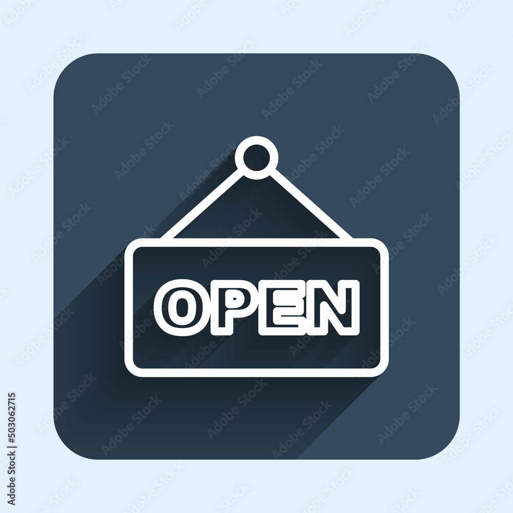 White line Hanging sign with text Open door icon isolated with long shadow background. Blue square button. Vector White line Hanging sign with text Open door icon isolated with long shadow background. Blue square button. Vector