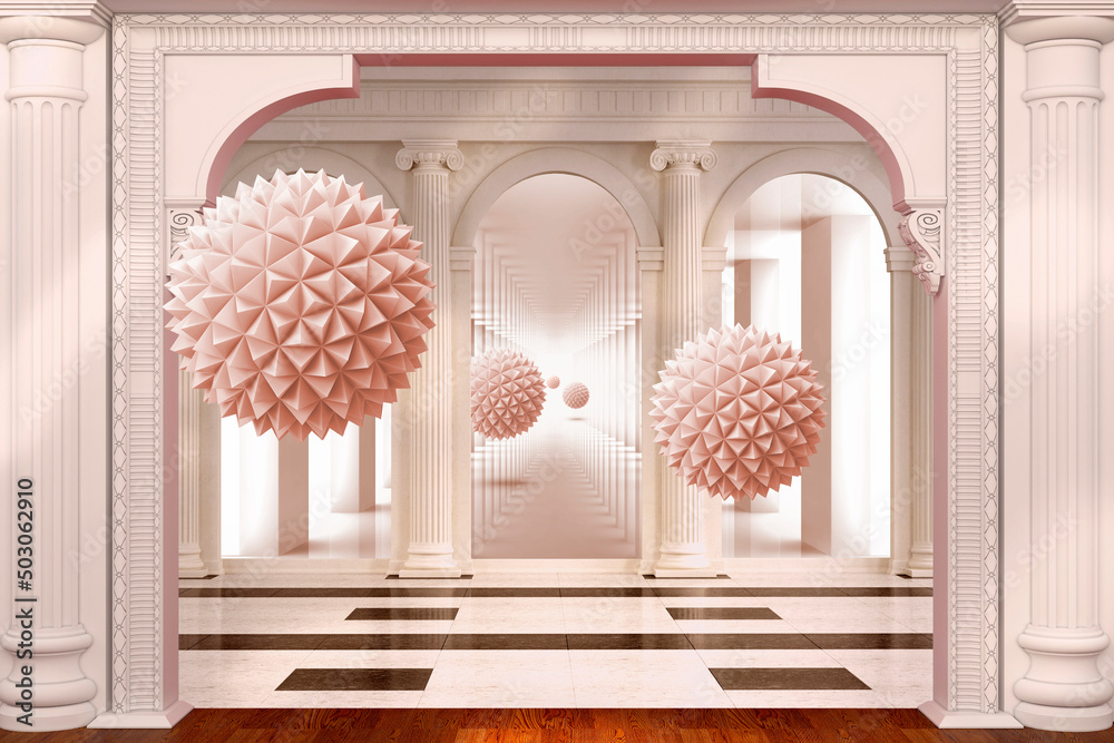 Fototapeta premium 3d balls in tunnels. 3d image. A wall with columns and balls. 3d Photo Wallpapers. Wallpaper on the wall.